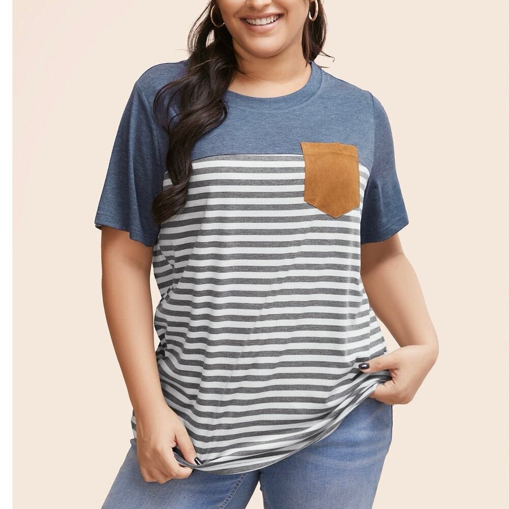 Plus Size 18 - 20 2x BloomChic Striped Round Neck Patched Pocket T Shirt